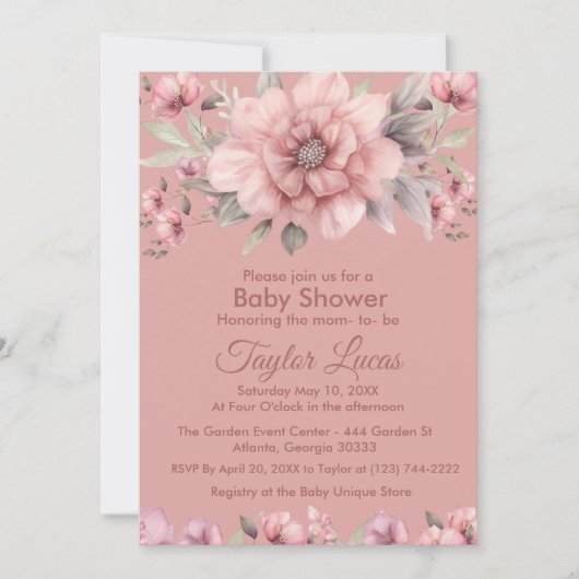 Roze Roos met groen Baby shower Invitation Kaart (Voorkant)