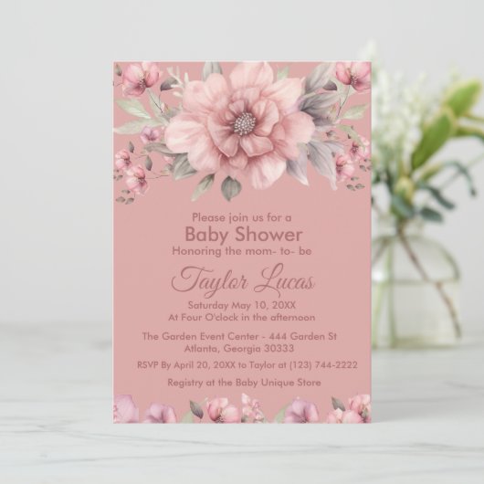 Roze Roos met groen Baby shower Invitation Kaart (Staand voorkant)