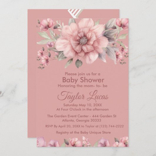 Roze Roos met groen Baby shower Invitation Kaart (Voorkant / Achterkant)