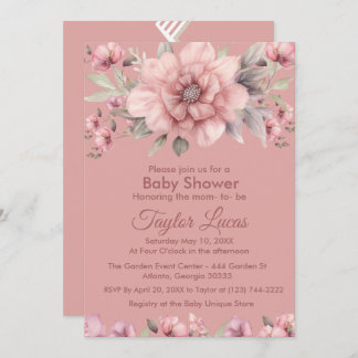 Roze Roos met groen Baby shower Invitation Kaart