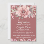 Roze Roos met groen Baby shower Invitation Kaart (Voorkant)