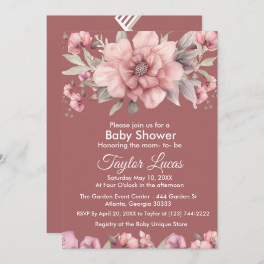 Roze Roos met groen Baby shower Invitation Kaart (Voorkant / Achterkant)