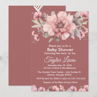 Roze Roos met groen Baby shower Invitation Kaart