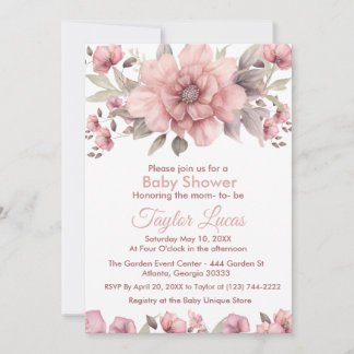 Roze Roos met groen Baby shower Invitation Kaart