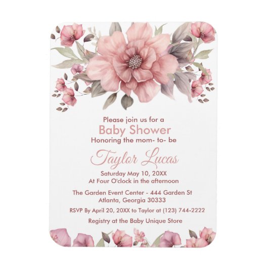 Roze Roos met groen Baby shower Invitation Magneet (Verticaal)
