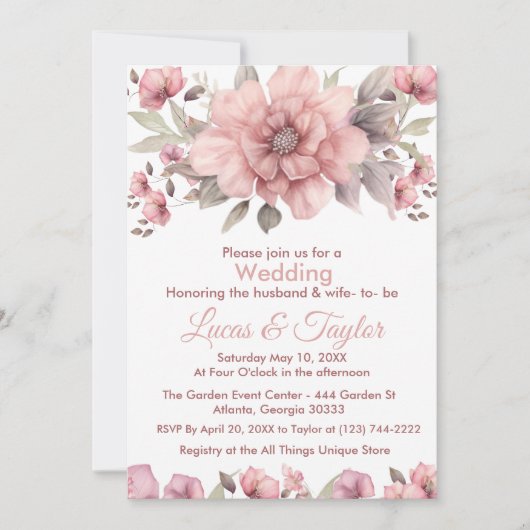 Roze Roos met groen bruiloft uitnodiging (Voorkant)