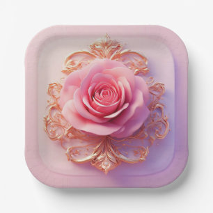 Roze Roos Met Ingewikkelde Gouden Sierdetails Papieren Bordje
