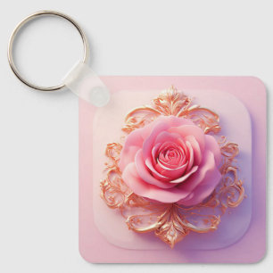 Roze Roos Met Ingewikkelde Gouden Sierdetails Sleutelhanger