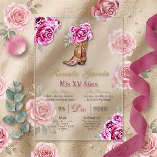 Roze roos met laars Quinceañera uitnodiging