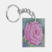 Roze Roos met Regendruppels Sleutelhanger (Voorkant Links)