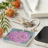 Roze Roos met Regendruppels Sleutelhanger (Voorkant Rechts)