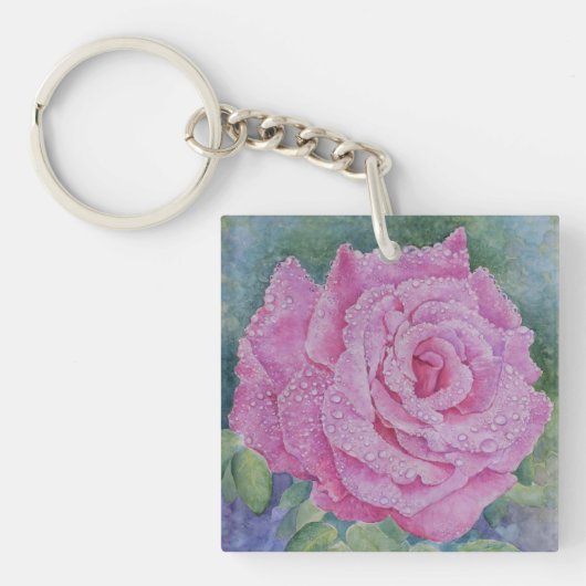 Roze Roos met Regendruppels Sleutelhanger (Voorkant)