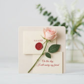 Roze roos met rode wax zegel voor bruiloft kaart (Staand voorkant)