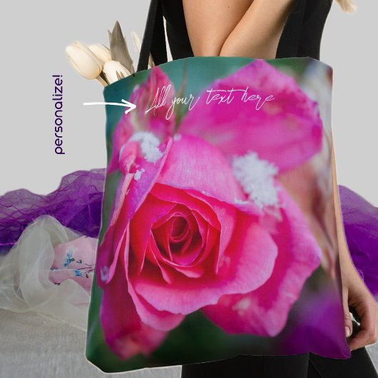Roze roos met sneeuwvlokken tote bag