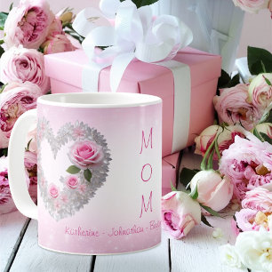 Roze Roos met Zilveren Leaf Hart Mama's Koffiemok