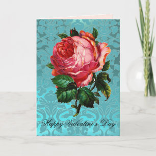 ROZE ROOS OP AQUA BLAUWE DAMAST Valentijnsdag Feestdagen Kaart