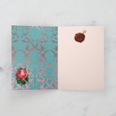 ROZE ROOS OP AQUA BLAUWE DAMAST Valentijnsdag Feestdagen Kaart (Binnen)