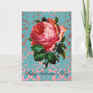 ROZE ROOS OP AQUA BLAUWE DAMAST Valentijnsdag Feestdagen Kaart