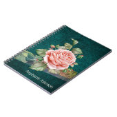 roze roos op Blauwgroen damast gepersonaliseerd Notitieboek (Linkerzijde)