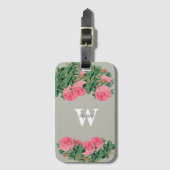 Roze roos op grijs monogram Bagagelabel (Voorkant (verticaal))