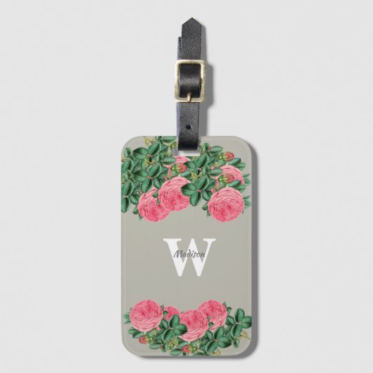  Roze roos op grijs monogram Bagagelabel (Voorkant (verticaal))