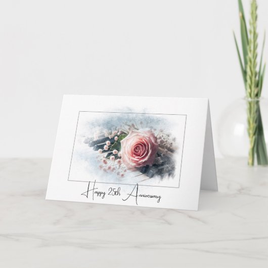 Roze roos op piano voor 25e Jubileum Kaart (Voorkant)