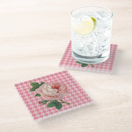 Roze Roos op Roze Honden Tandenpatroon  Glazen Onderzetter (Schuin)