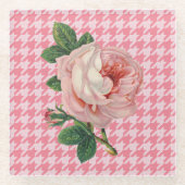 Roze Roos op Roze Honden Tandenpatroon  Glazen Onderzetter (Voorkant)