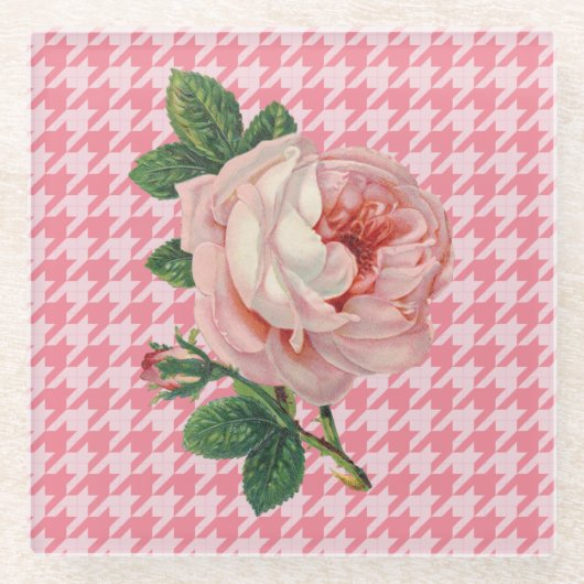 Roze Roos op Roze Honden Tandenpatroon  Glazen Onderzetter (Voorkant)