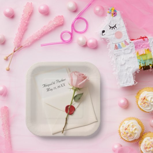 Roze Roos Op Trouwbriefpapier Met Wax Seal Papieren Bordje (Feest)