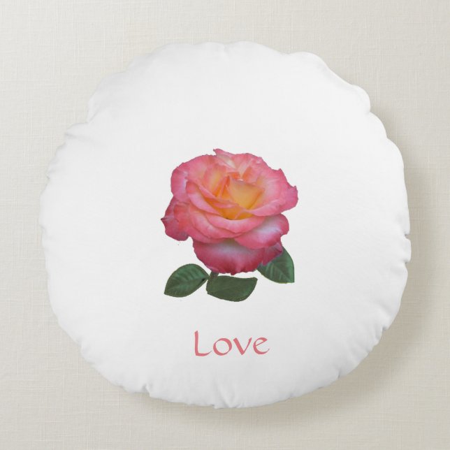 Roze Roos op Wit Rond Kussen (Voorkant)
