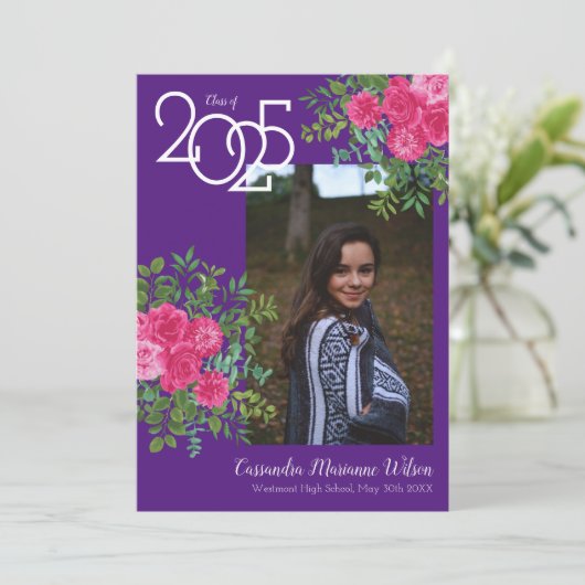 Roze Roos Paarse Foto Afstuderen Aankondiging (Staand voorkant)