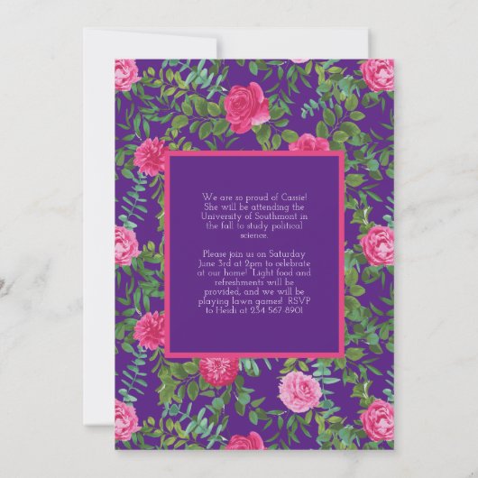 Roze Roos Paarse Foto Afstuderen Aankondiging (Achterkant)