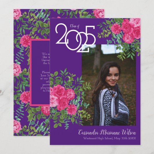 Roze Roos Paarse Foto Afstuderen Aankondiging (Voorkant / Achterkant)