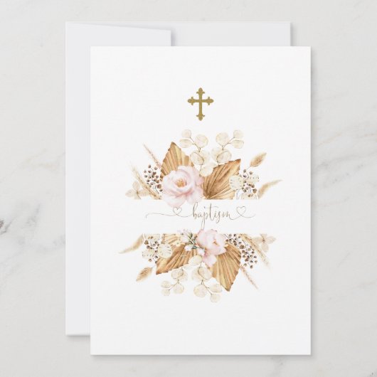 Roze Roos Pampas Gras Palm Calligrafie Doop Kaart (Achterkant)