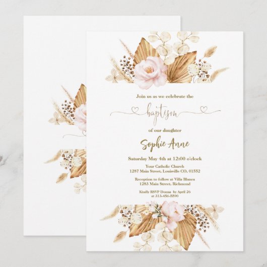 Roze Roos Pampas Gras Palm Calligrafie Doop Kaart (Voorkant / Achterkant)