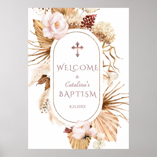 Roze Roos Pampas Gras Palm Doop Welkom Bord Poster (Voorkant)