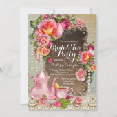 Roze roos parel bruids thee party kaart (Voorkant)