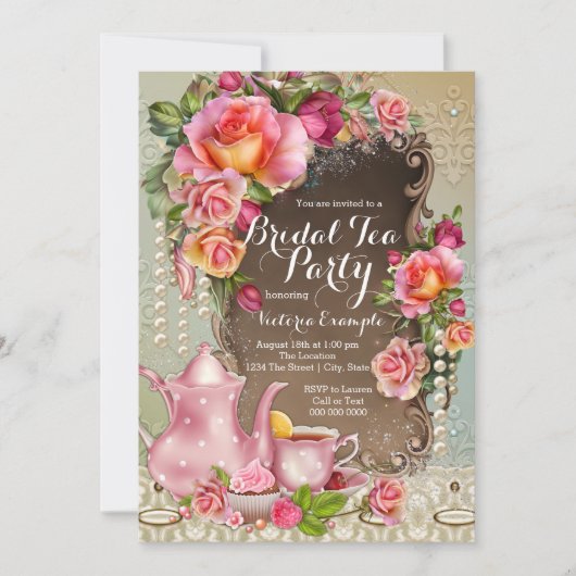 Roze roos parel bruids thee party kaart (Voorkant)