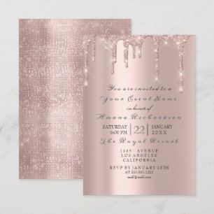 Roze Roos Pastel Poeder Glitterende Druppels Grijs Kaart