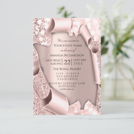 Roze Roos Pastel Poeder Glitterende Druppels Roos Kaart (Staand voorkant)