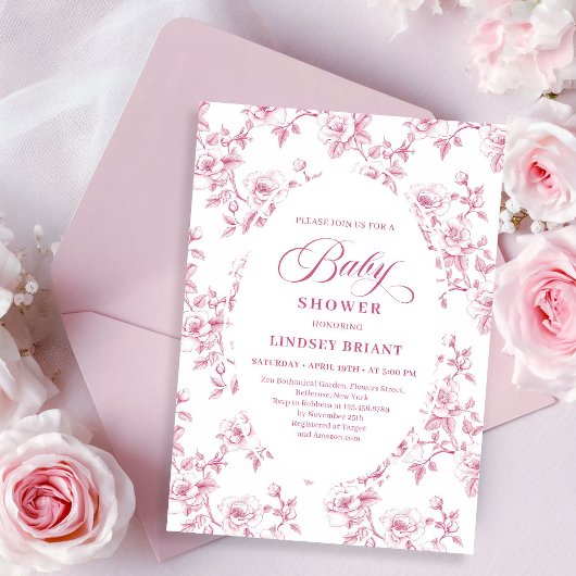Roze Roos Patroon Franse Toile Baby Shower Kaart