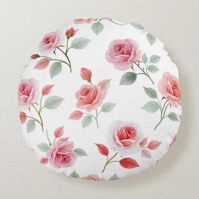 Roze roos patroon, zachte kleur, rond kussen (Voorkant)