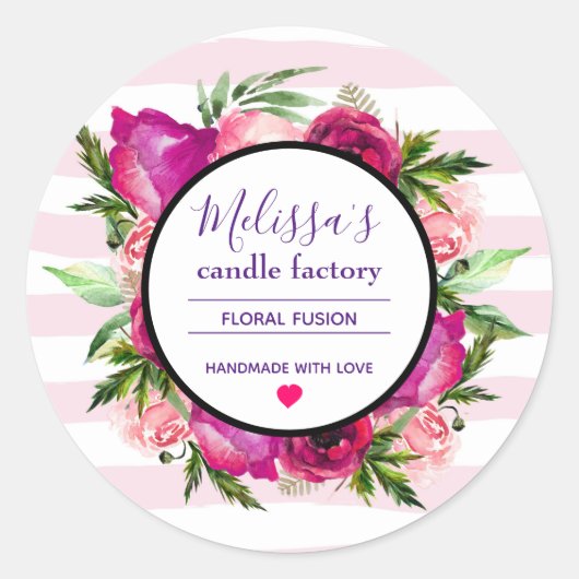Roze Roos & Poppy Bloemen Boeket Kaars Business Ronde Sticker (Voorkant)