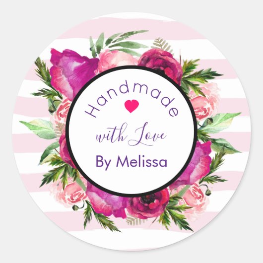 Roze Roos & Poppy Floral Design Handgemaakt met Li Ronde Sticker (Voorkant)
