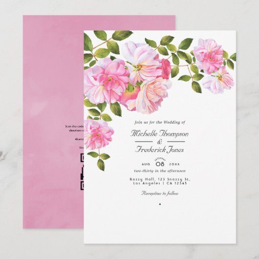 Roze Roos QR Code RSVP Tuinbruiloft Kaart (Voorkant / Achterkant)
