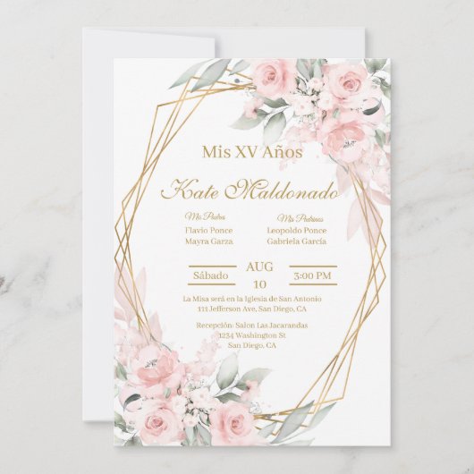 Roze roos Quinceanera uitnodiging (Voorkant)