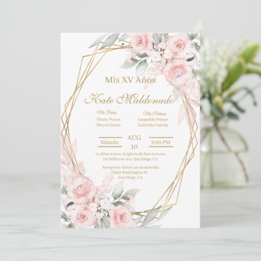 Roze roos Quinceanera uitnodiging (Staand voorkant)