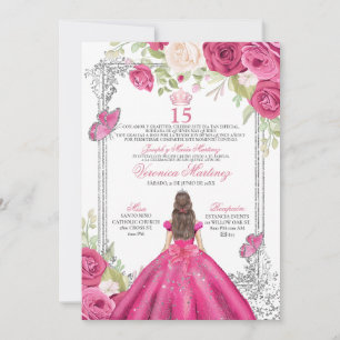 Roze Roos Quinceañera Uitnodiging, Bloemige Sweet Kaart