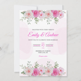 Roze Roos Rand Elegante Bloemige Waterverf Bruilof Kaart